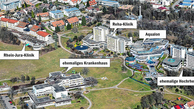 Blick auf das Bad Säckinger Kurgebiet. Die Rehaklinik ist die letzte Kurklinik aus der ursprüglichen Keimzelle des Bad Säckinger ...