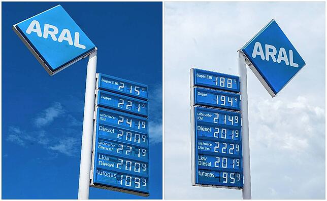 Der Tankrabatt zum Monatswechsel einen Effekt wie hier an der Aral-Tankstelle in Singen: Links der Preis am 31. Mai, rechts der Preis am ...