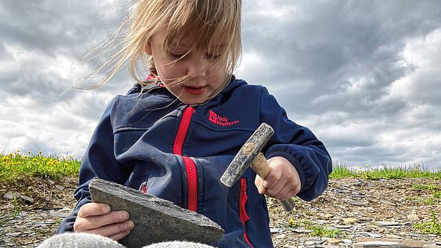 Die fünfjährige Henriette bearbeitet ein Stück Schiefer mit dem Hammer auf der Suche nach Fossilien.