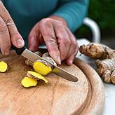 Scharf und gesund: Eine Ingwerknolle wird aufgeschnitten.