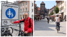 Steffen Lehr, der Vorsitzende des ADFC-Ortsverbands Schwarzwald-Baar, zeigt auf das Fußgängerzonenschild in der Villinger Innenstadt. ...