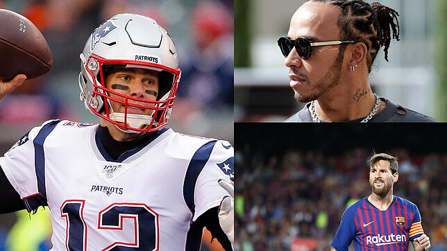 Tom Brady (links), Lewis Hamilton (oben) und Lionel Messi. Bilder: dpa / SK-Collage