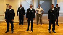 Markus Keller (3.v.r.) und Stefan Band (2.v.l.) mit den gewählten Michael Vetter, Jörg Hartmann, Thomas Alt und Benjamin Seeger (v.l.). ...