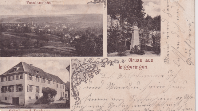 Gruß aus Liggeringen: Eine Postkarte, datiert aus dem Jahr 1901, zeigt das alte Schul- und Rathaus in Liggeringen vor dem Brand.