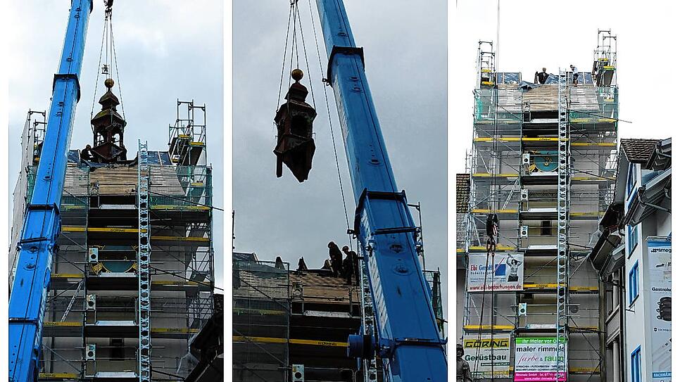 Vorher, währenddessen, nachher: Per Autokran wurde der Glockenturm vom Unteren Tor abgenommen.