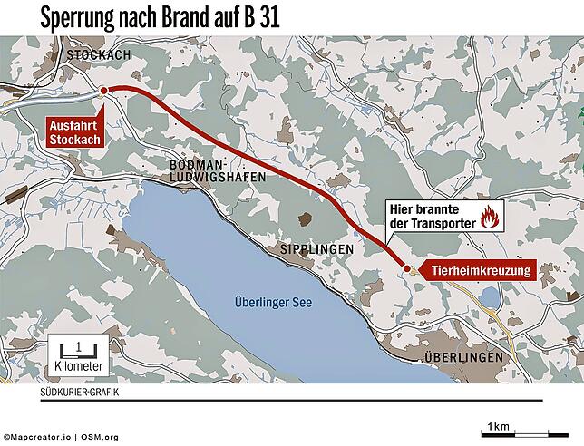Bild 1: Sieben brennende E-Autos auf der B31 - Sperrung aufgehoben