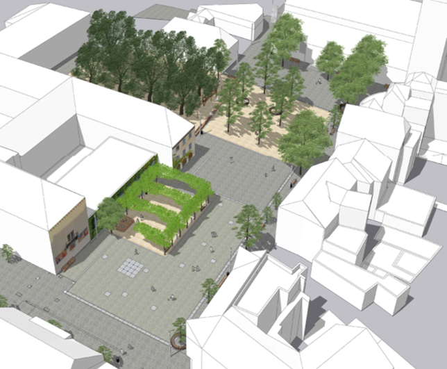 Die Visualisierung von Planstatt Senner GmbH zeigt, wie der Stephansplatz aussehen soll: Darunter Wasserfontänen vor einem Baumkabinett ...