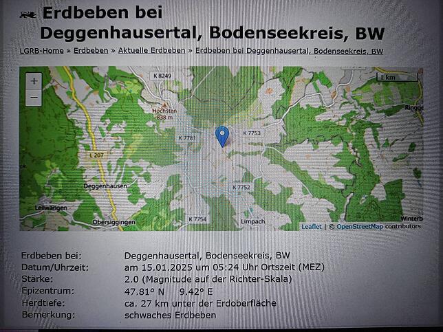 Nachzulesen im Internetangebot des Regierungspräsidiums Freiburg: Dort gibt es detailliertere Informationen zu dem Erdbeben am Mittwoch ...