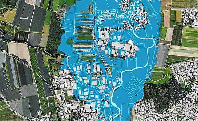 Die blaue Farbe auf der Karte der Landesanstalt für Umwelt Baden-Württemberg zeigt es an: Bei einem Hochwasser der Kategorie HQ50 steht ...