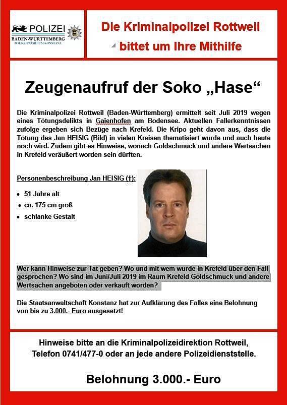 Bis heute sucht die Polizei nach Jan Heisig aus Gaienhofen-Hemmenhofen.