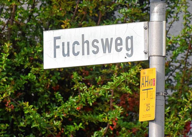 Ein Straßenschild vom Fuchsweg in Ludwigshafen. Dort und in anderen Straßen laufen wildlebende Füchse herum.