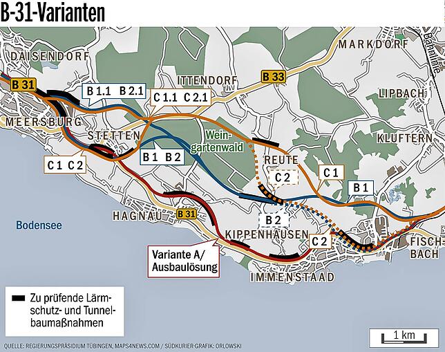 Bild 2: B 31 leicht erklärt: Welche Trassen sind noch im Rennen? Wann fällt endlich eine Entscheidung? Das sollten Sie über die geplante B 31-neu zwischen Immenstaad und Meersburg wissen