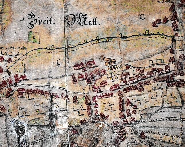 Detail der Herrschaftskarte von 1777 mit dem Eisenwerk im Zentrum. Der Gewerbekanal mündete damals gegenüber der „Krone“ in ...