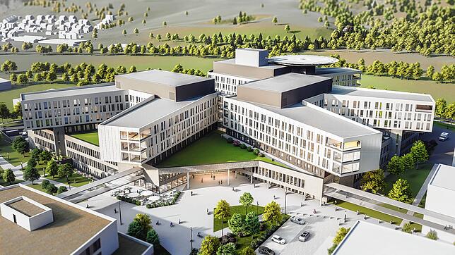 Die Animationen zeigen das neue Klinikum, im Hintergrund der Blick nach Hauingen.