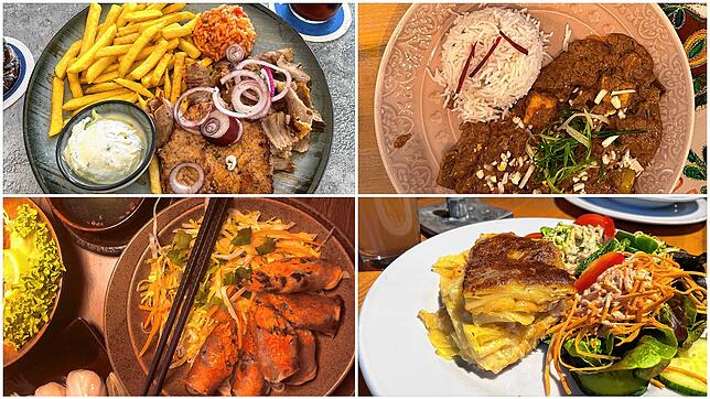 Wir testen das Mittagstisch-Angebot in Überlingen. Oben, von links: Ein Menü im Mykonos und Paneer Kadai im Goa. Unten, von links: ...