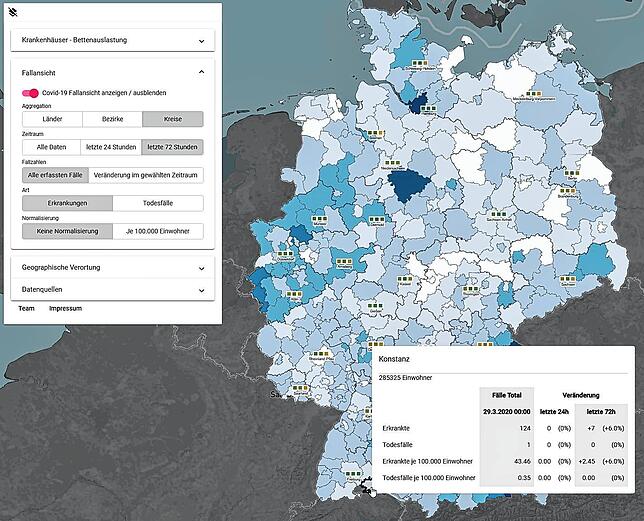 Die blaue Karte zeigt die Fallzahlen und Todesfälle der letzten 72 Stunden je nach Landkreis. In der weißen Flächen rechts unten wird ...