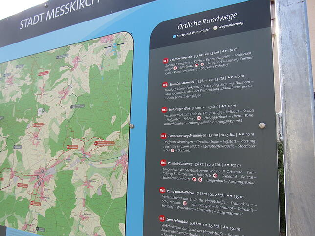 An besonderen Treffpunkten, wie hier in Menningen, ist am Dorfplatz eine überregionale Wandertafel aufgestellt.