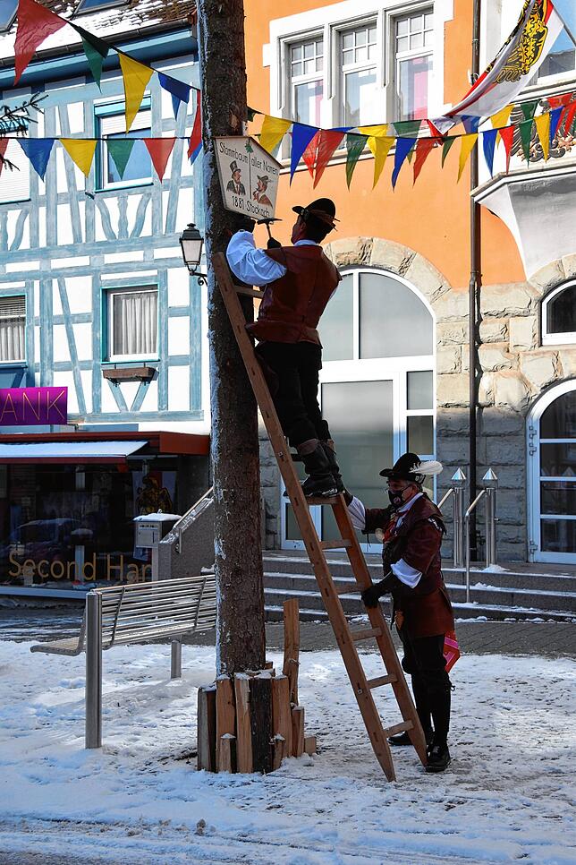 Bild 6: Bilder von der Narrenbaumaktion der Stockacher Zimmerergilde am Schmotzigen Dunschtig: Jetzt ist der Baum der Stammbaum aller Narren