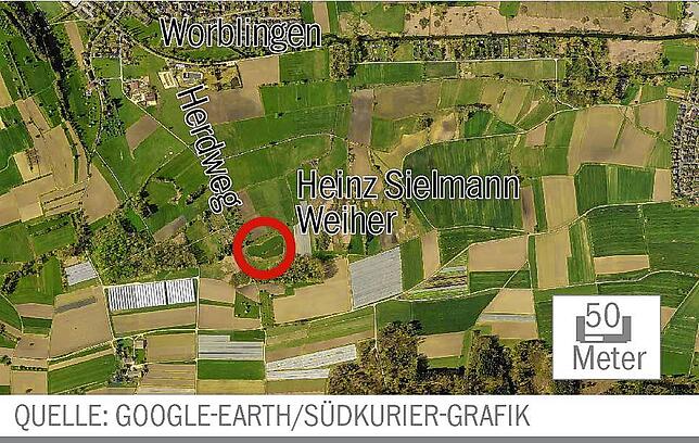 Die Grafik zeigt, wo der Sielmann-Weiher liegt. Am oberen Bildrand der nördlich gelegene Ort Worblingen.