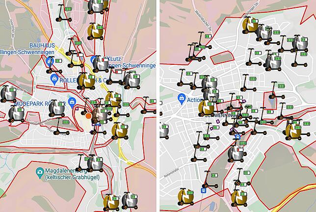 Diese beiden Screenshots aus der Zeus-App zeigen die Verteilung der Roller, am 15. Februar 2022, links in Villingen, rechts in Schwenningen.