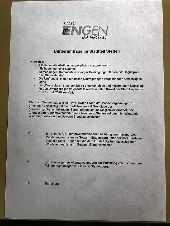 Diesen Stimmzettel zur Bürgerumfrage bekommen die Stettener in dieser Woche per Post nach Hause. Mit ihm sollen sie über den möglichen ...