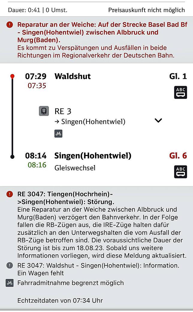 Ein Blick in die App der Deutschen Bahn. Die Regionalbahnen fallen derzeit aus.