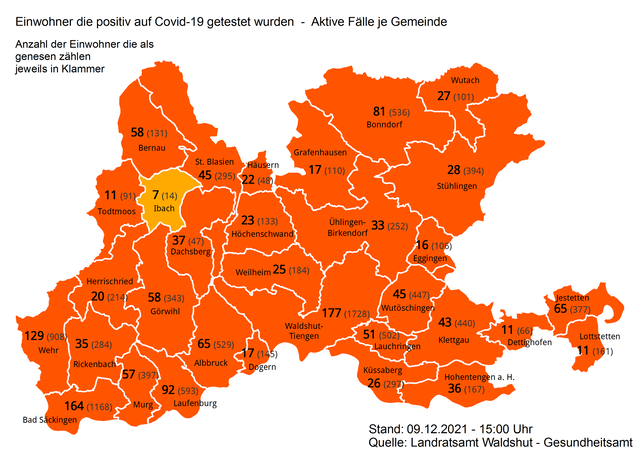 Zahl der aktiven Corona-Fälle und der Genesenen in den Städten und Gemeinden im Landkreis Waldshut am 9. Dezember 2021.