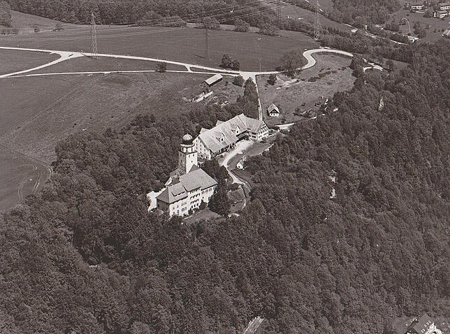 Dieses Luftbild von 1981 hat großen Seltenheitswert. Es zeigt das Schloss Hohenlupfen mit dem stattlichen Gutshof, der 1982 abbrannte.