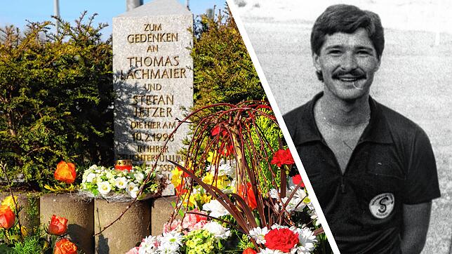 (Links) Am Gedenkstein für Thomas Lachmaier und Stefan Jetzer wurden 25 Jahre nach der Tat Blumen niedergelegt. Das rechte Bild zeigt ...