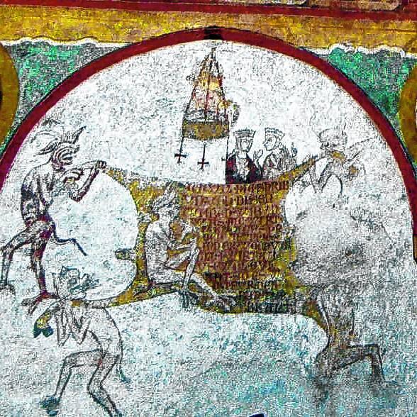 In der St.-Georg-Kirche auf der Reichenau gibt es eine Wandmalerei, die die Redewendung „Das geht auf keine Kuhhaut“ zeigt.