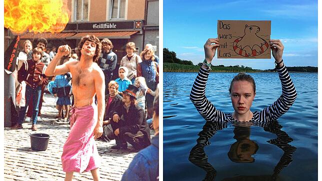 Feuer und Flamme für Abrüstung: Maik Schluroff demonstriert 1982 auf dem Obermarkt für Frieden. Lena Gundelfinger taucht 2019 für den ...