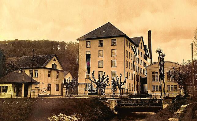 Der Hochbau der Spinnerei Gottschalk & Grether Mitte der 1930er Jahre in Schopfheim: Hier hatte Friedrich Rupp Ende um 1860 eine ...