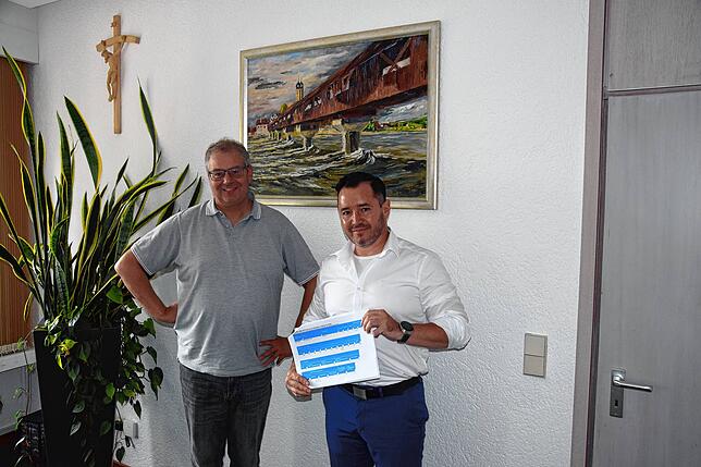 Sie präsentieren des Zensus 2022 für die Stadt Bad Säckingen (von links): Bürgermeister Alexander Guhl und Ordnungsamtsleiter Uwe Böhler.