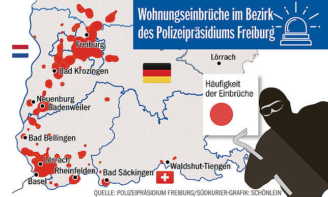 Die Einbrüche folgen den guten Verkehrswegen. Die Grafik zeigt deutlich, dass entlang der A5 und der A98 bis Rheinfelden die meisten ...