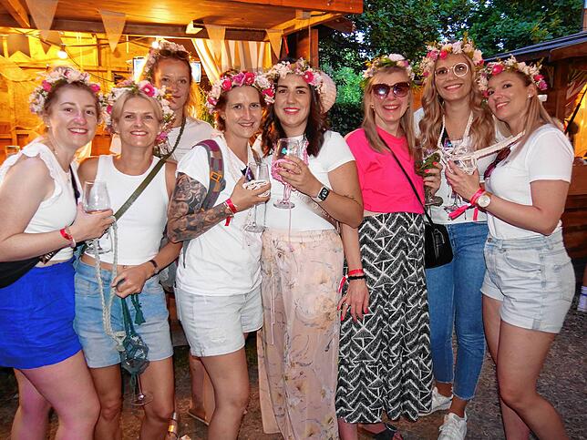 Vanessa Benitz (Dritte von rechts) aus Volkertshausen feiert mit ihren Freundinnen ihren Junggesellenabschied auf dem Singener Weinfest.