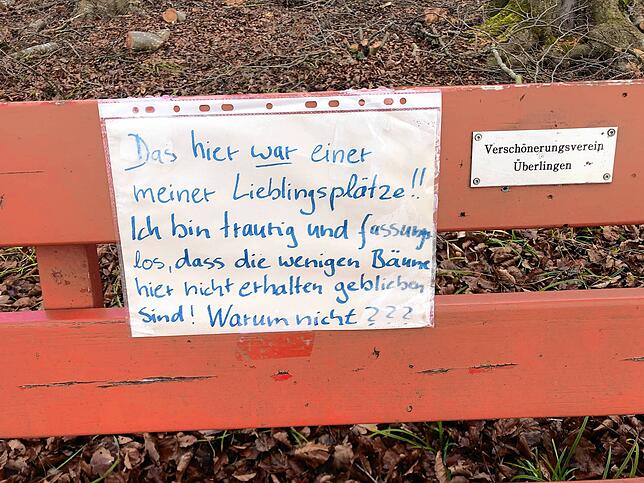 Ein Spaziergänger hat kurz nach der Fällung der Bäume seine Betroffenheit mit diesem Schild zum Ausdruck gebracht.