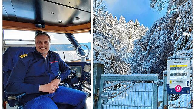 Links Kapitän Vladimir Deinis am Steuer der Großherzog Ludwig und rechts der Eingang zum Gießbachtobel, der gerade wetterbedingt ...