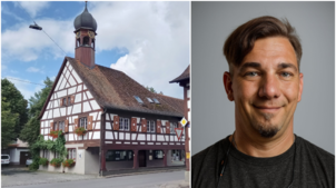 Links zu sehen ist das Bermatinger Rathaus. Rechts ist Patrick Jonischkeit. Er ist neben Martin Rupp der zweite Bürgermeisterkandidat ...