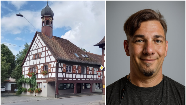 Links zu sehen ist das Bermatinger Rathaus. Rechts ist Patrick Jonischkeit. Er ist neben Martin Rupp der zweite Bürgermeisterkandidat ...