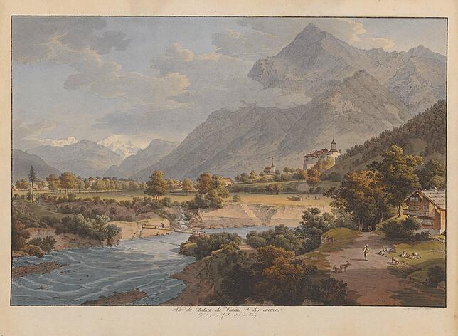 Johann Ludwig Aberli (1723-1786) koloriert von Heinrich Rieter (1751-1818): Vue du Château de Wimmis et des environs.