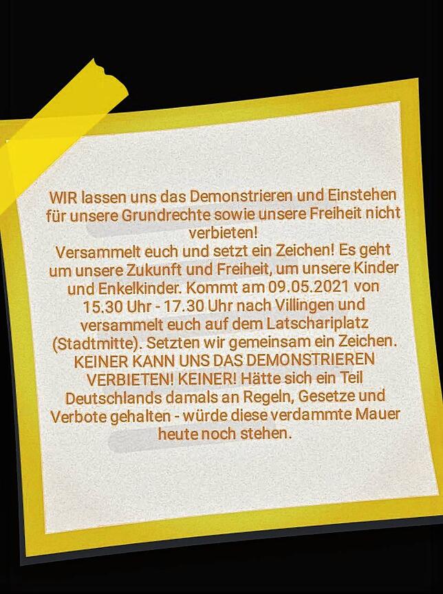 Aus dem Aufruf zur Demo am 9. Mai in Villingen trotz des Verbots.