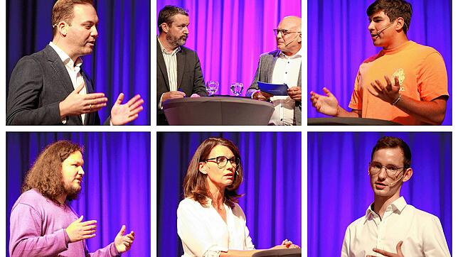 Sie lieferten sich in der SÜDKURIER-Wahlarena einen Schlagabtausch (von links): Felix Schreiner (CDu), die Moderatoren Andreas Gerber ...