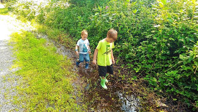 Auch im Heiligenberger Friedwald beim Besuch des Grabes der Urgroßmutter tun die Gummistiefel gute Dienste. So können Lenni und Nicolai ...