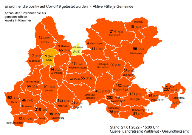 Zahl der aktiven Corona-Infektionen und der Genesenen in den Städten und Gemeinden im Landkreis Waldshut am 27. Januar 2022.