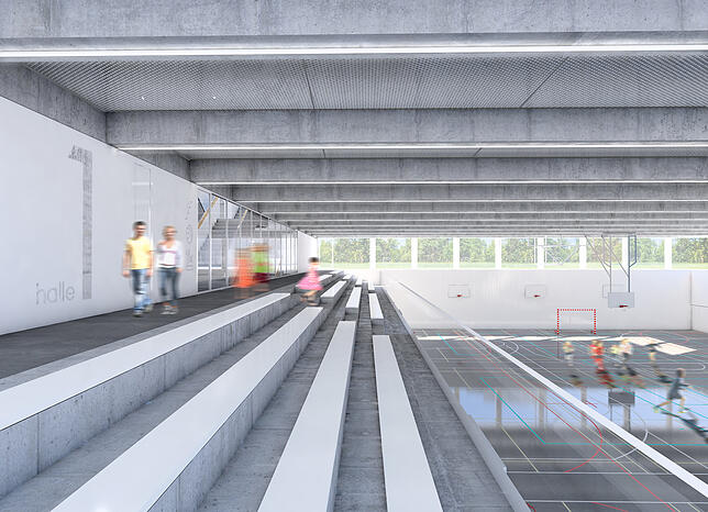 Fotorealistischer Entwurf der neuen Sporthalle, die auf dem Schulcampus in Überlingen gebaut wird.