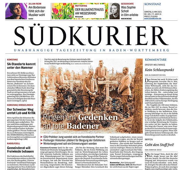 SÜDKURIER am 8. Mai: Das Ringen um das Gedenken an die toten Badener bestimmt die Titelseite der Ausgabe.