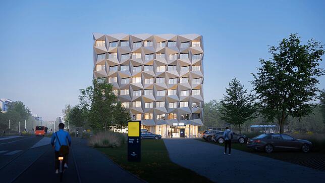 So soll es aussehen: Die dreidimensionale Fassade kennzeichnet das geplante Hotel „The Reed“ in der Riedstraße am Wollmatinger Bahnhof. ...