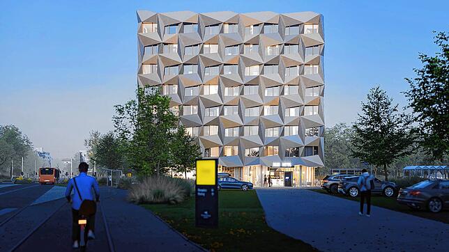 Die dreidimensionale Fassade kennzeichnen das geplante Hotel &bdquo;The Reed&ldquo; in der Riedstraße am Wollmatinger Bahnhof.