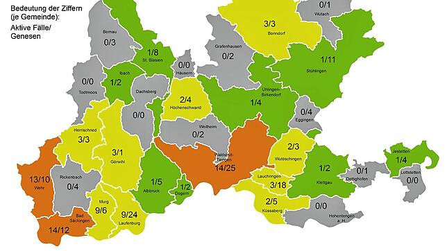 Zahl der an positiv auf Corona getesteten Menschen und der Genesenen in den Städten und Gemeinden im Kreis Waldshut am 18. April 2020.