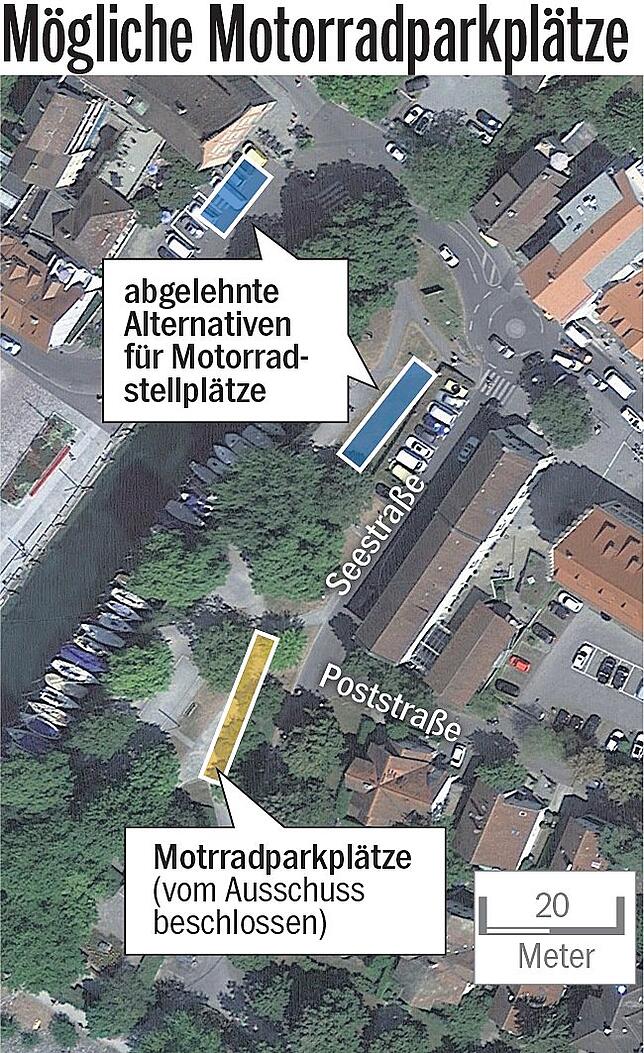 Diese drei Standorte stehen für einen Motorradparkplatz zur Auswahl.